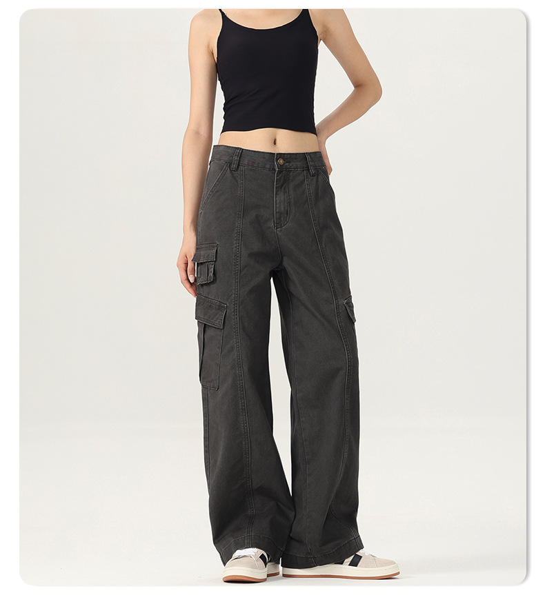 Women's Straight Cargo Pants Unisex Multi-Pocket Design Wide Leg Casual Trousers