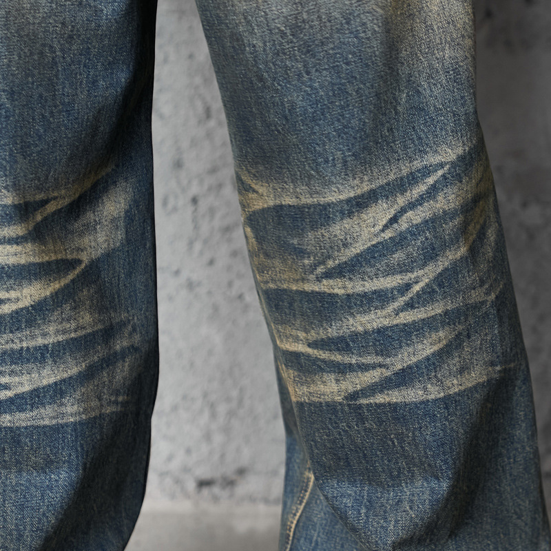 Vintage Washed Ripped Street Style Dagger Cut Denim Pants, Unisex Loose Clean Fit Wide Leg Floor-Length Trousers