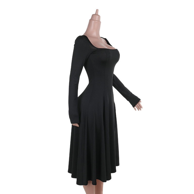 Geometric Neckline Contouring Dress Full Sleeve Side Vent