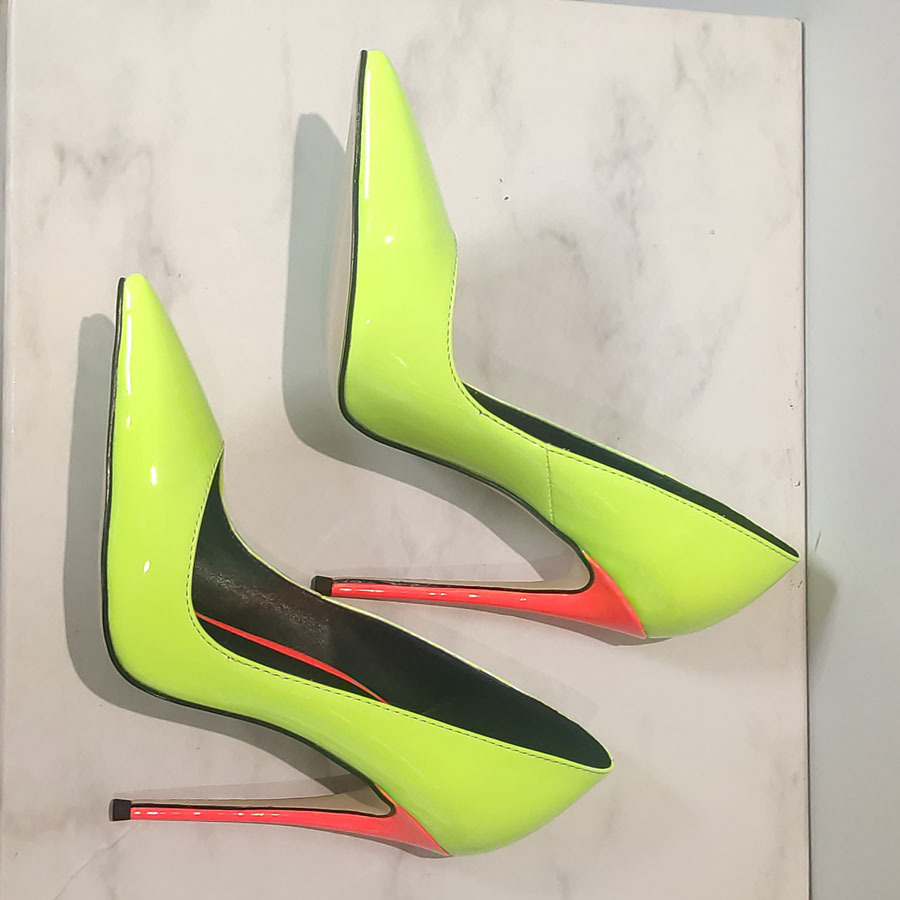 Thin Heeled High Heels, European and American Pointed Patent Leather Color Matching Light Cut Large Size Single Shoes