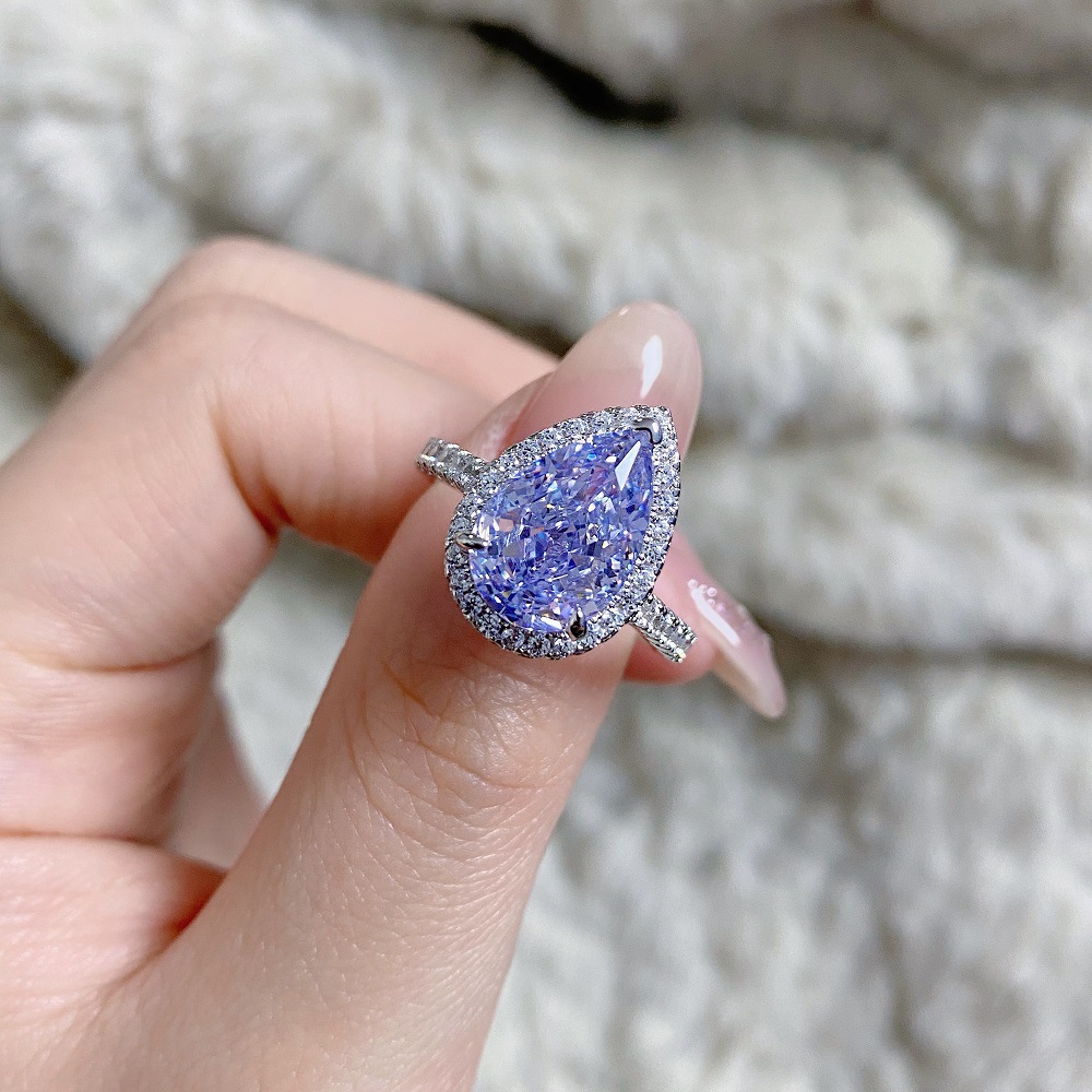 S925 sterling silver pear-shaped ring lavender purple high carbon diamond gemstone diamond ring European and American fashion zircon ring