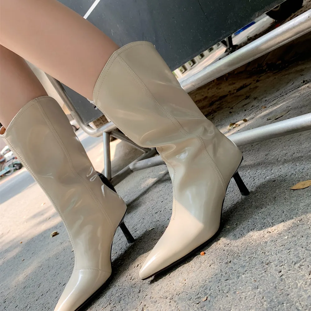 Fashion Western Women Mid-Calf Boots Pointed Toe Thin High Heels Office Lady Shoes Woman Genuine Leather Autumn Winter