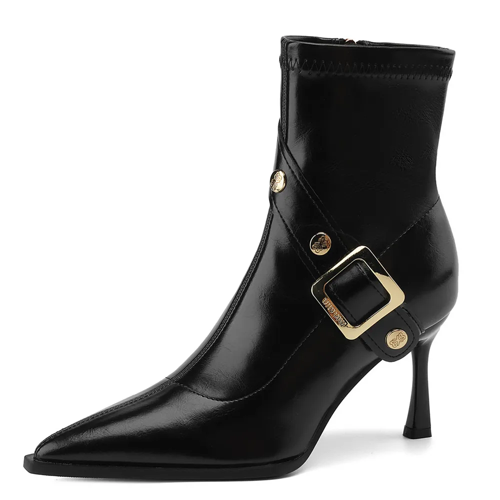 Pointed Toe Women Cow Leather Ankle Boots Thin Heels Zippers Solid Color Metal Rivet Dress Party Shoes