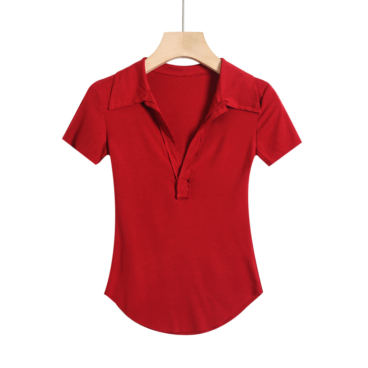 Plain Spandex Plunge Frayed Rounded Slim Tee