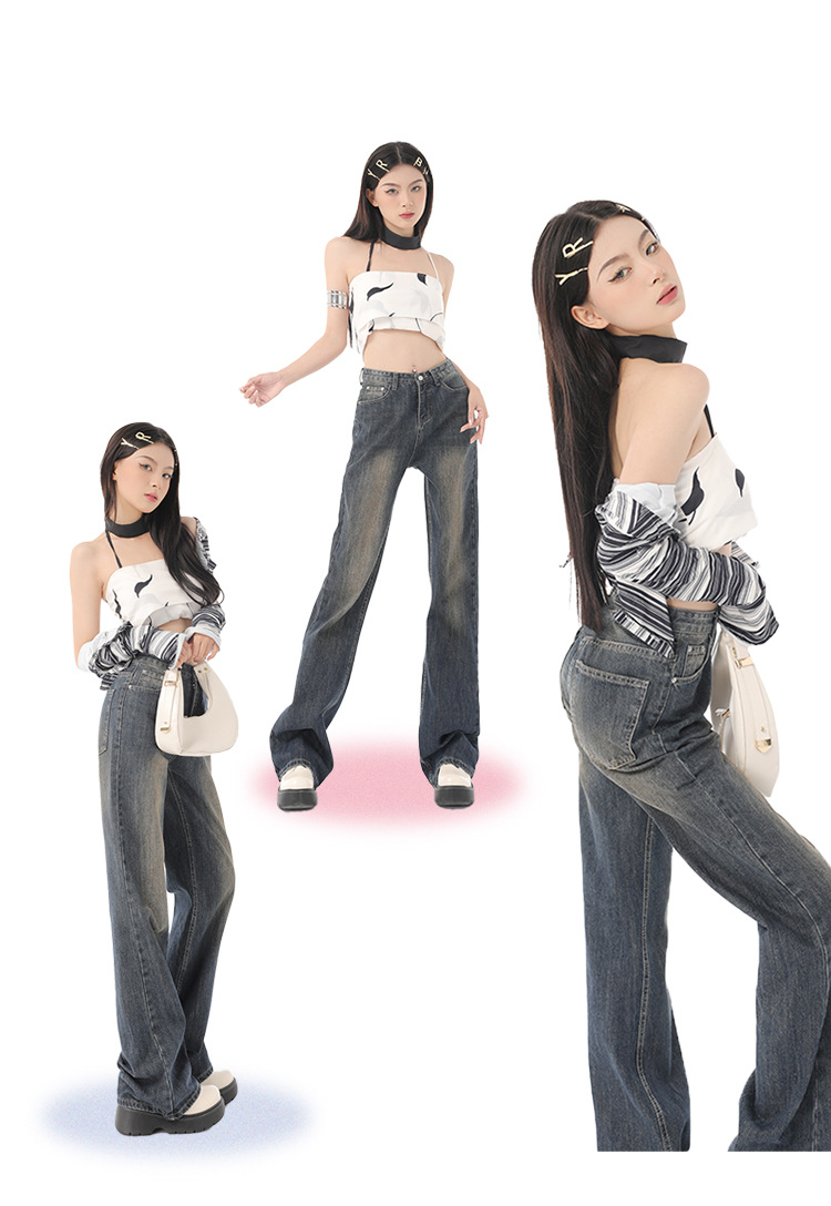 Distressed Loose Drape Straight Floor-Length Pants Wide-Leg Flare Jeans for Women