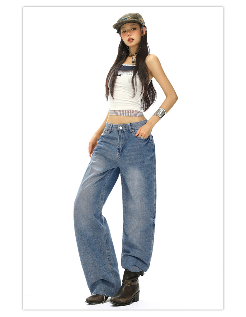 Women's Straight Jeans Washed Vintage Narrow Loose Wide-Leg Pants