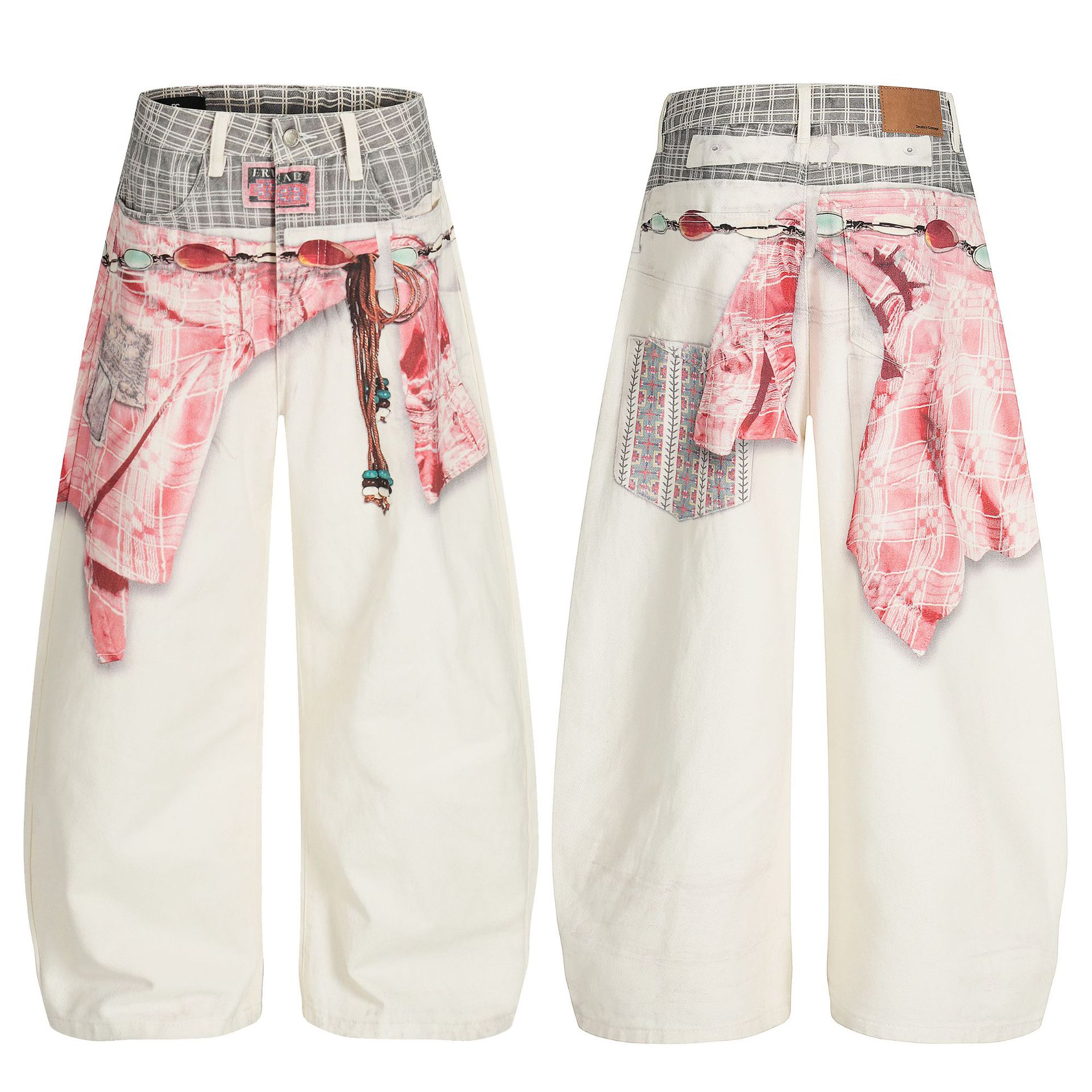 Street Retro High-End Scarf Print Design Unisex Loose Knife-Edge Jeans