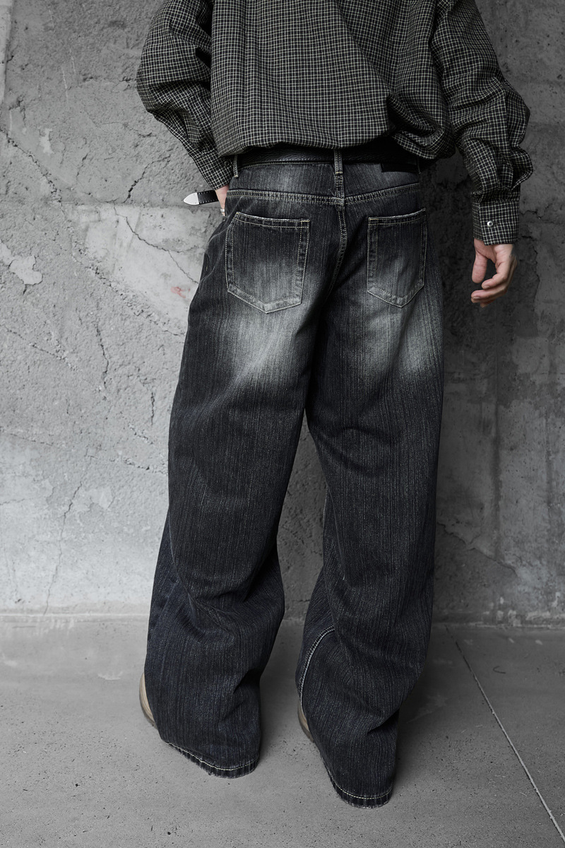 Vintage Washed Gradient Denim Pants Men's Design Street Style Couple Loose Versatile Straight Leg Casual Wide Leg Pants
