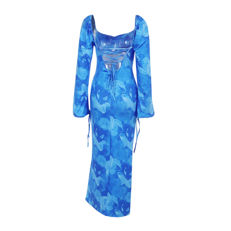 Bell-Sleeved Patterned Open Back Tie Dress
