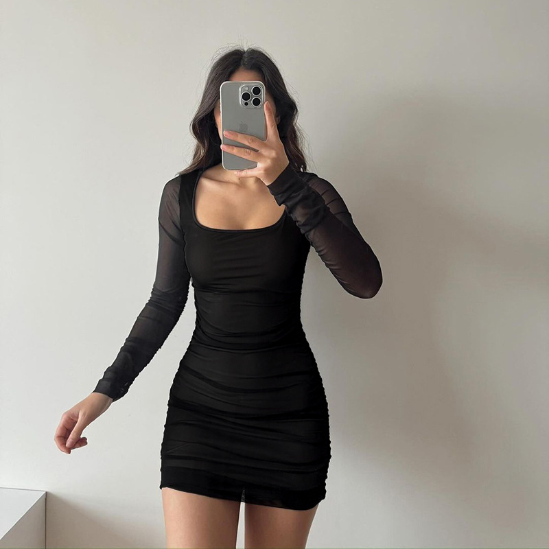 Form-Fitting Full-Sleeve Ruched Hip Dress