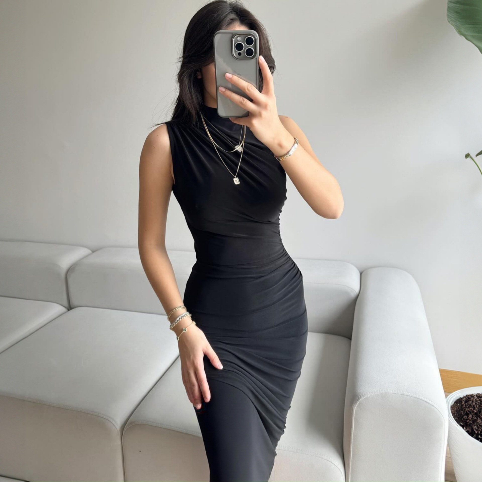 Mock Neck Side Split Bodycon Maxi Dress