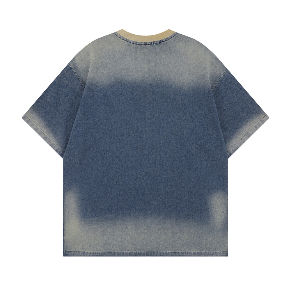 Letter Patch Embroidery Short Sleeve T-Shirt Men's Summer Trendy High Street Loose Gradient Color Block Crew Neck Top