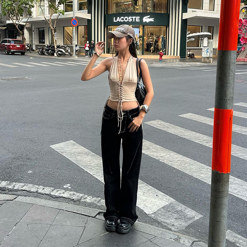 Deep V-belt vest hanging neck slim fit versatile top for women