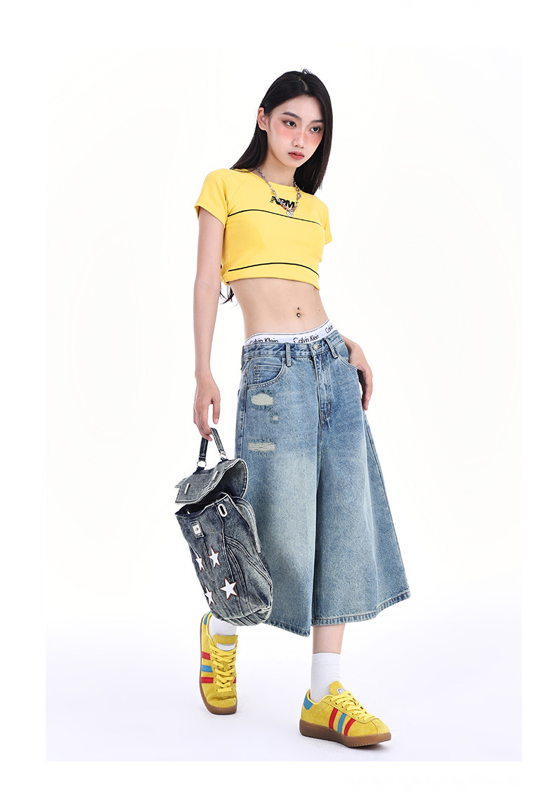 Retro Distressed Seven-Quarter Denim Pants for Women High Waist Slimming Loose Faded Straight Leg Mid-Length Trousers