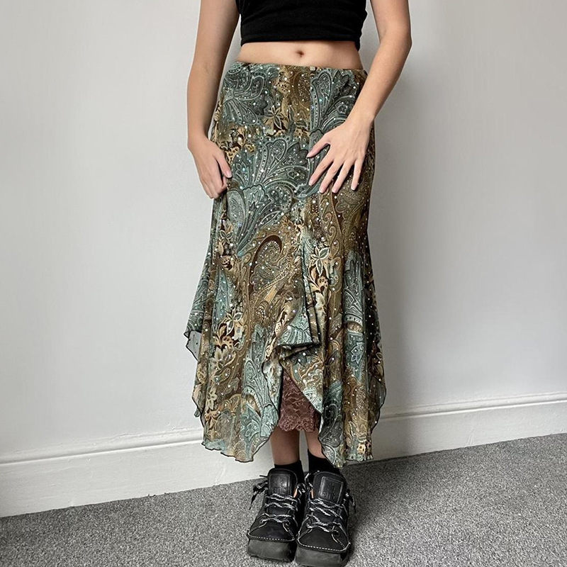 Retro Ink Green Gradient Lace Splicing Printed Skirt Irregular Knitted Midi Skirt Forest Style Girl