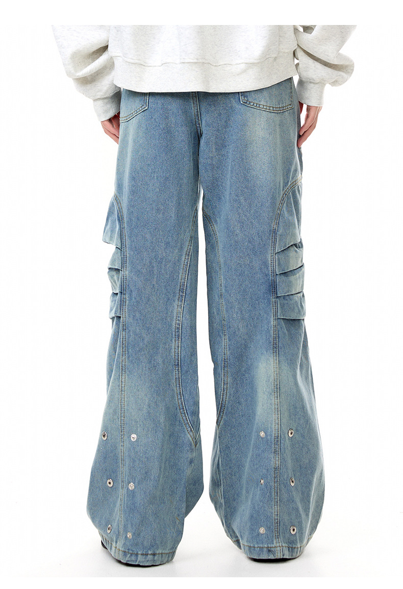 Street Retro Unique Folded Structured Casual Denim Trousers