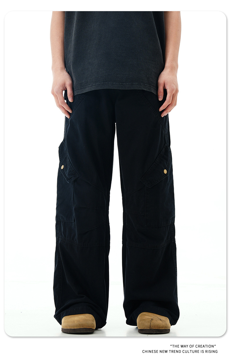 Work Pants with Adjustable Waistband and Large Pockets - Straight Leg Casual Trousers