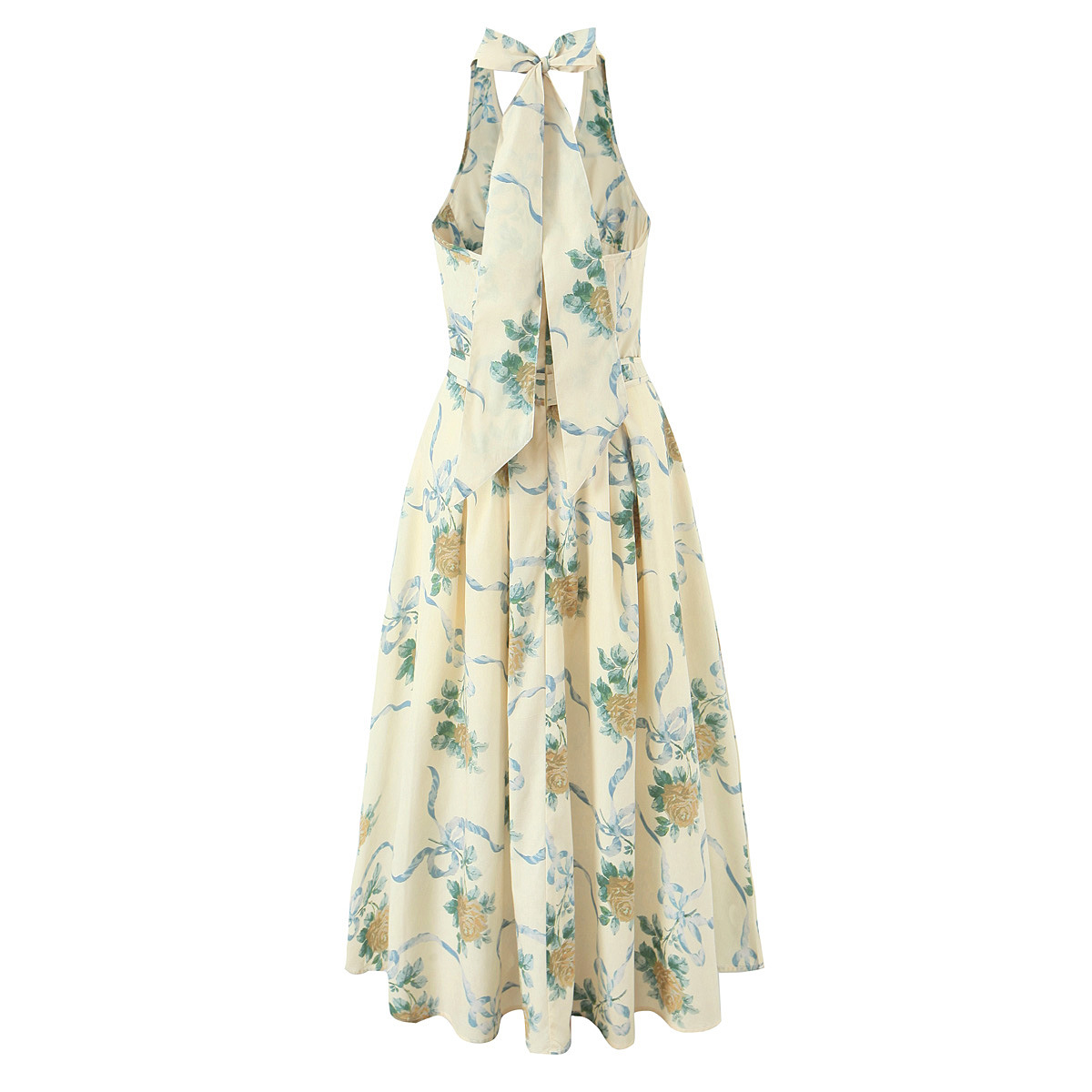 Cotton Print Ribbon Front Halter Maxi Dress
