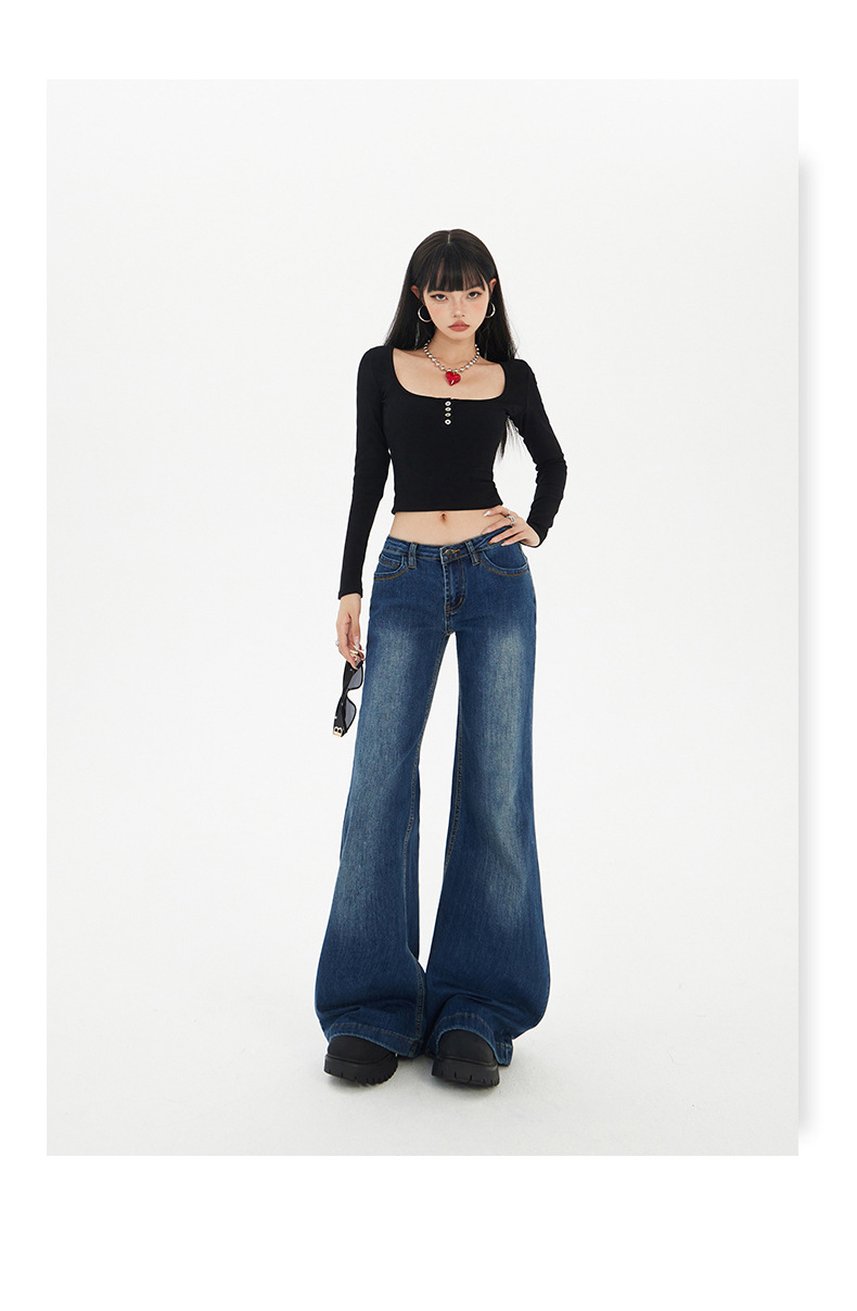 Blue Low-Waist Flared Jeans for Women Autumn Casual Versatile Hanging Flared Pants