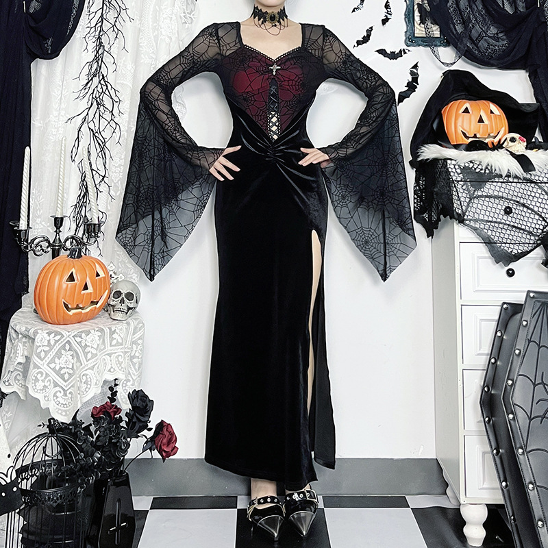 V-Neck High-Waist Spider Web Print Long Pencil Dress
