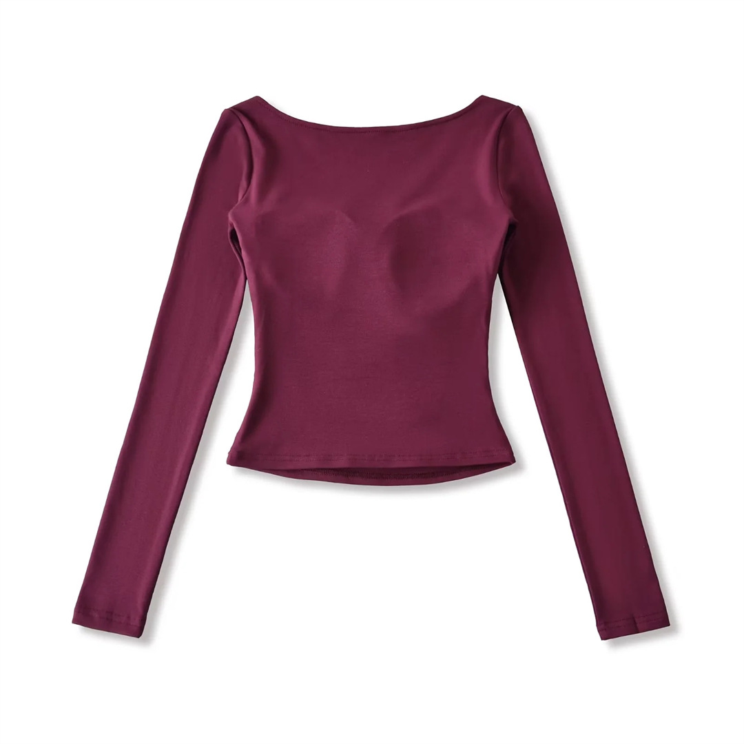 Spicy Wrist-Length Collarbone Cutout Structured Frill Fitted Tee