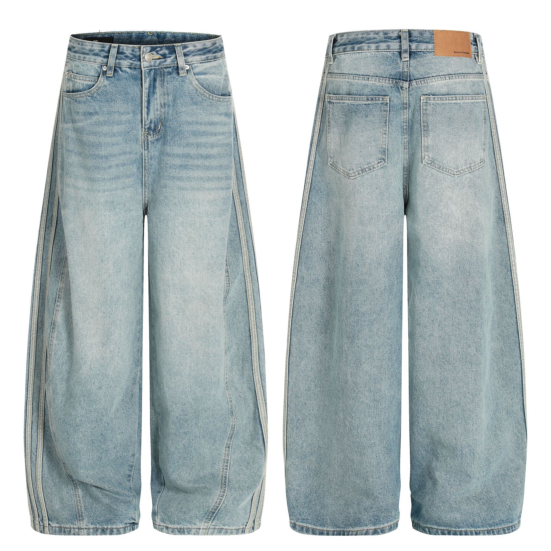 Street Style Vintage Washed Blue Side Stripe Design Unisex Loose Wide-Leg Jeans