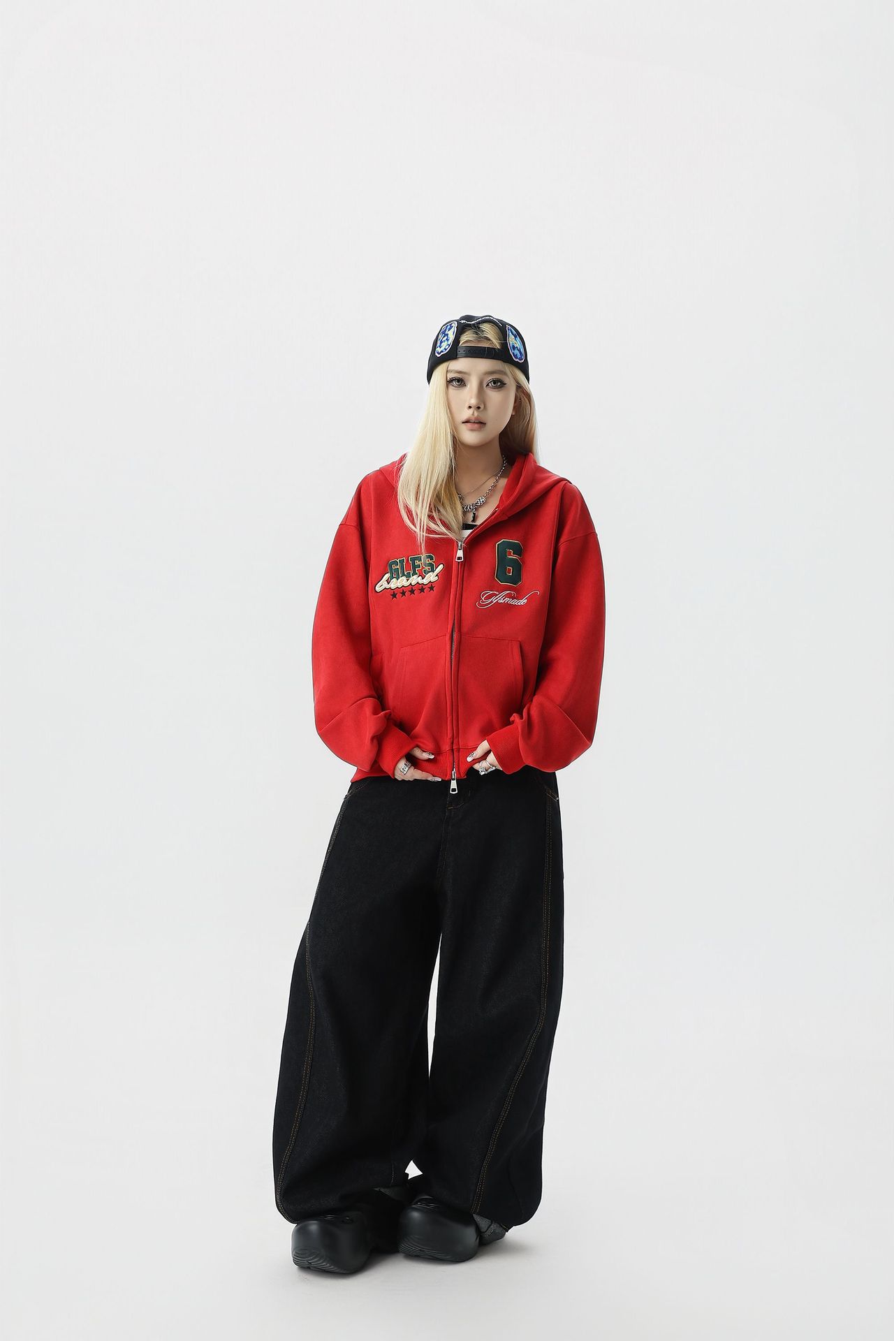 Streetwear Men Oversized Cropped Patterned Hood Zip Sweatshirt