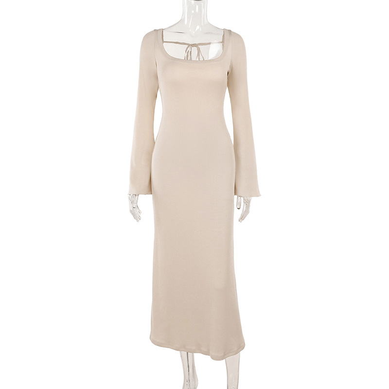 U-Neck High Waist Bodycon Bell Sleeve Maxi Dress