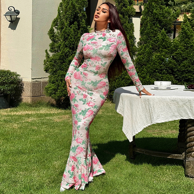 Fitted Maxi Patterned Mock Neck Full-Sleeve Dress