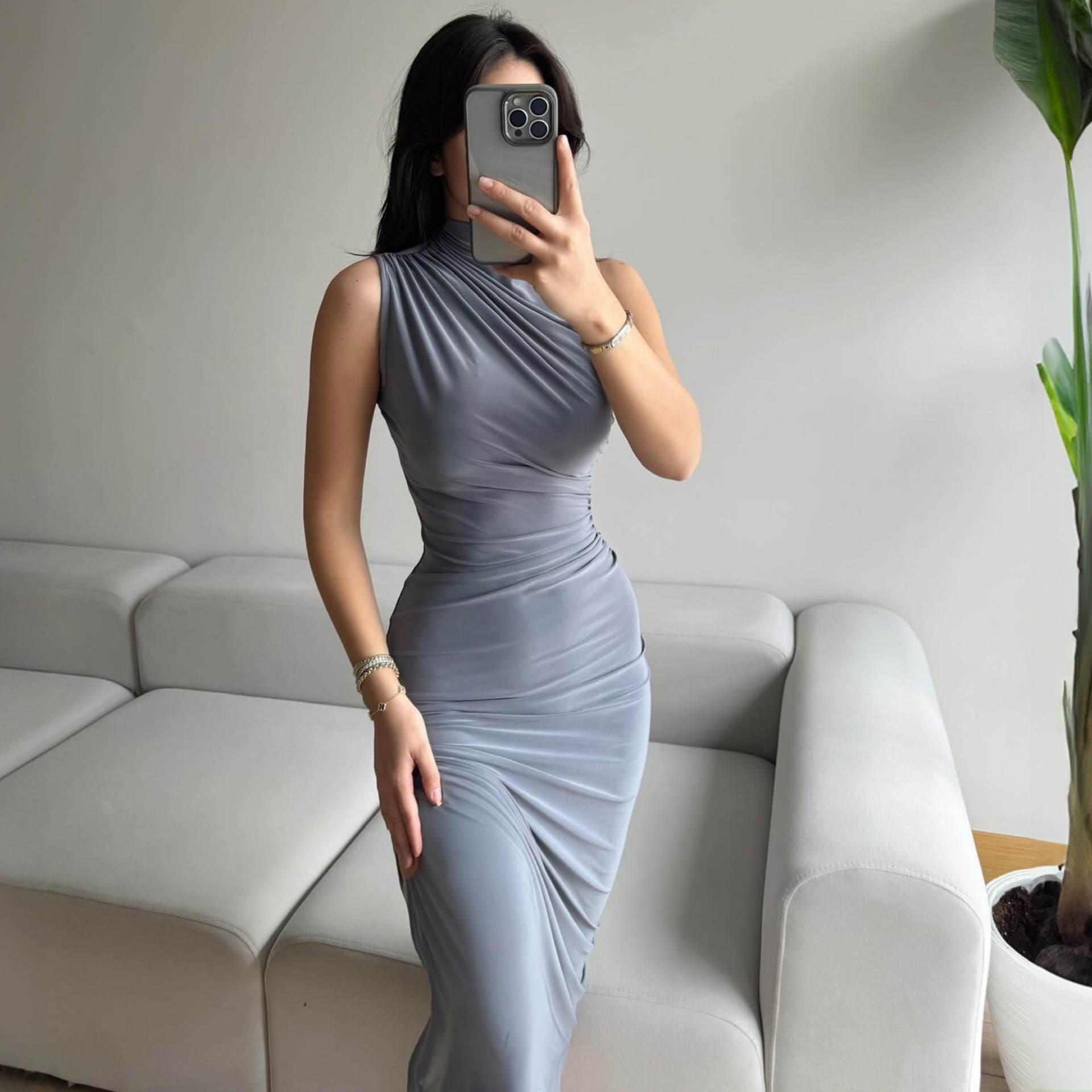 Mock Neck Side Split Bodycon Maxi Dress
