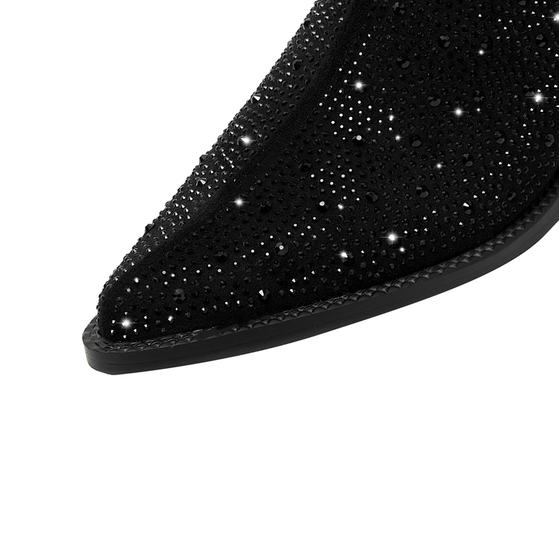 Ladies Tapered Toe Chunky Suede Crystal Mules