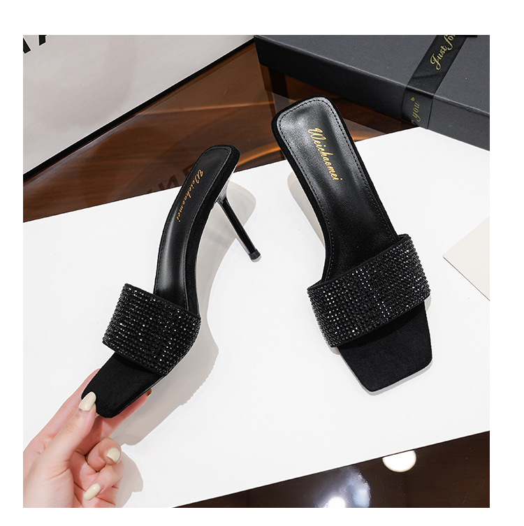 Square toe black rhinestone strap sandals stiletto high heel sandals for women