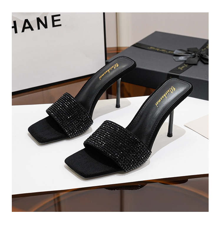 Square toe black rhinestone strap sandals stiletto high heel sandals for women