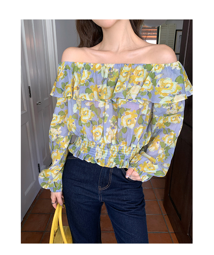 Long Sleeve Lotus Leaf Neck Fragmented Floral Blouse