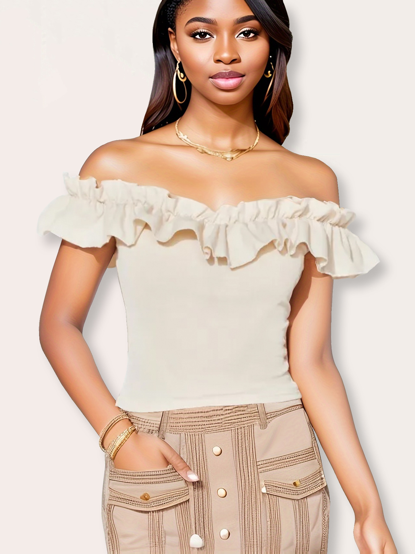 Women's solid color sexy ruffle edge decorative top
