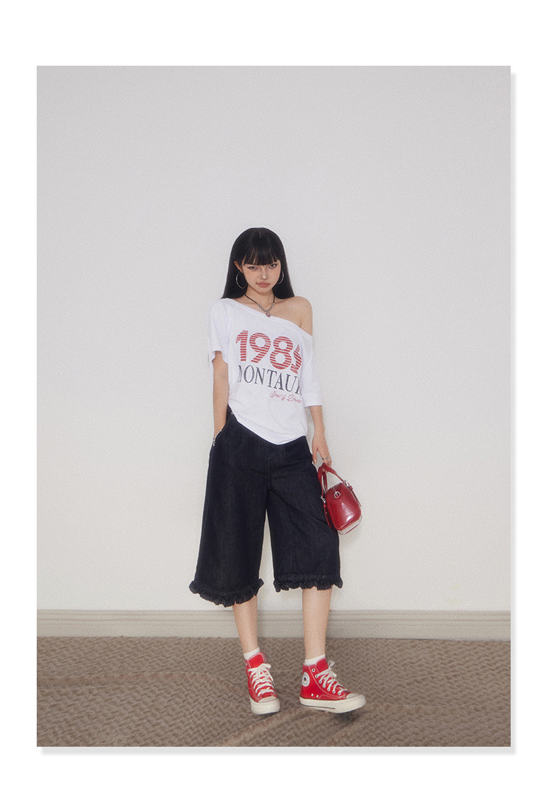 Women's Loose Trousers Straight Denim Pants with Lace Hem Casual Wide Leg Pants
