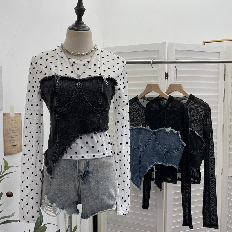 Asymmetric Distressed Jean Tailored Cropped Wrist-Length Tee