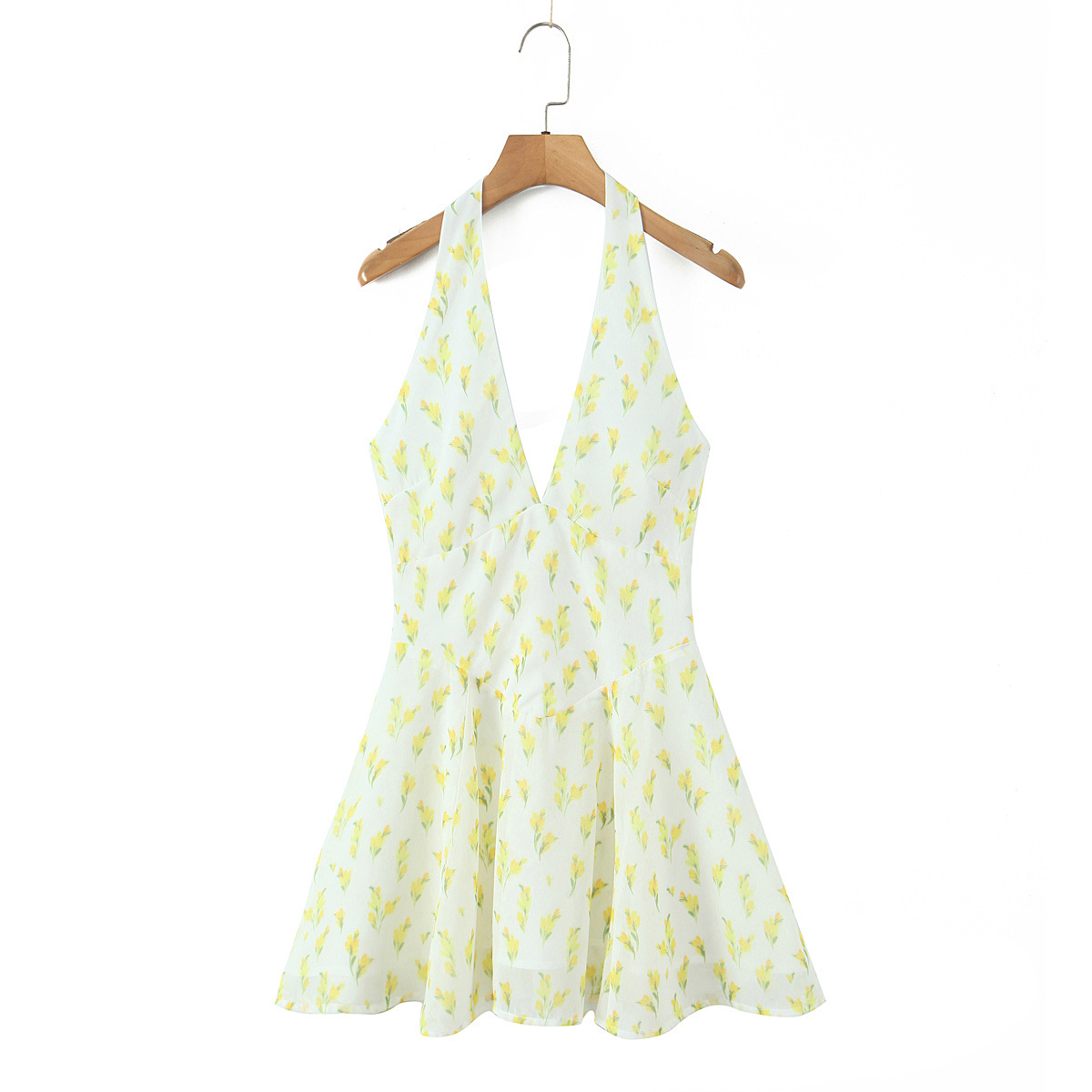 Printed deep V backless hanging neck waist dress