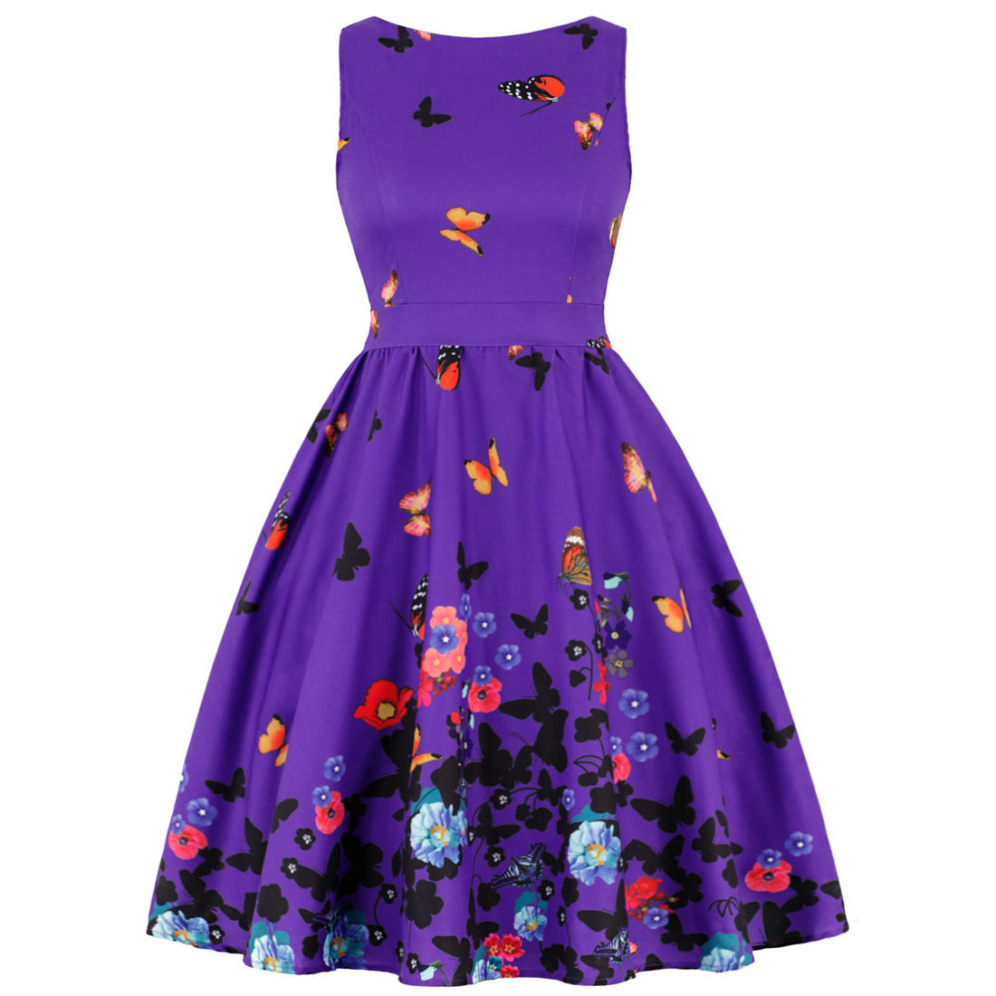 V-Neck Sleeveless High-Rise Flared Vintage Retro Patterned Dress