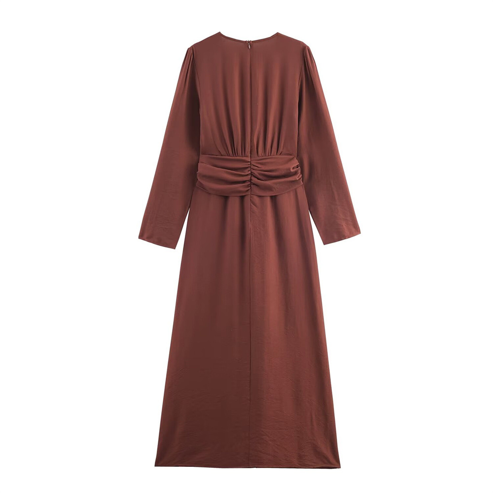 Deep V-neck long sleeved waist cinched pleated long skirt dress for women