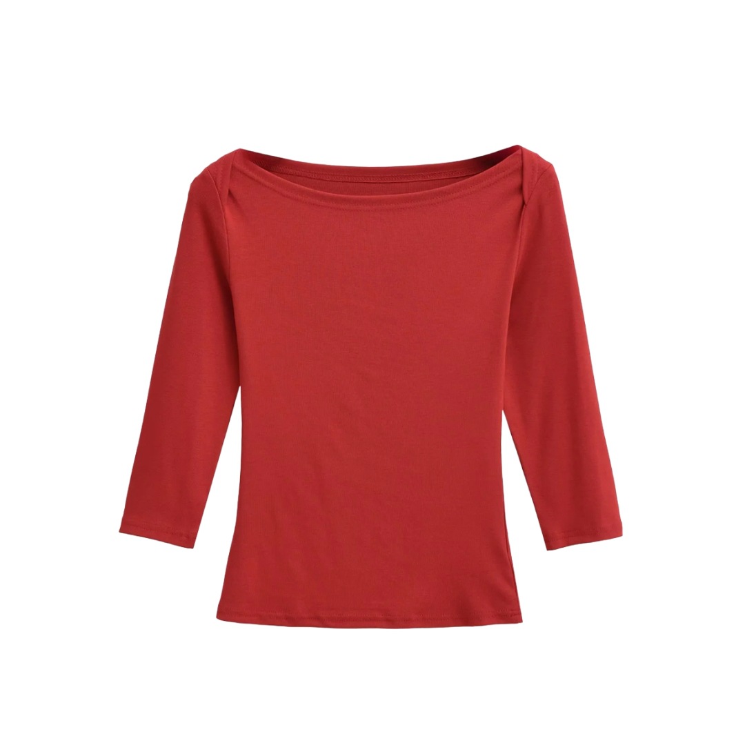 Slim Fit Plain Asymmetric Neck Elbow-Length Midriff Tee