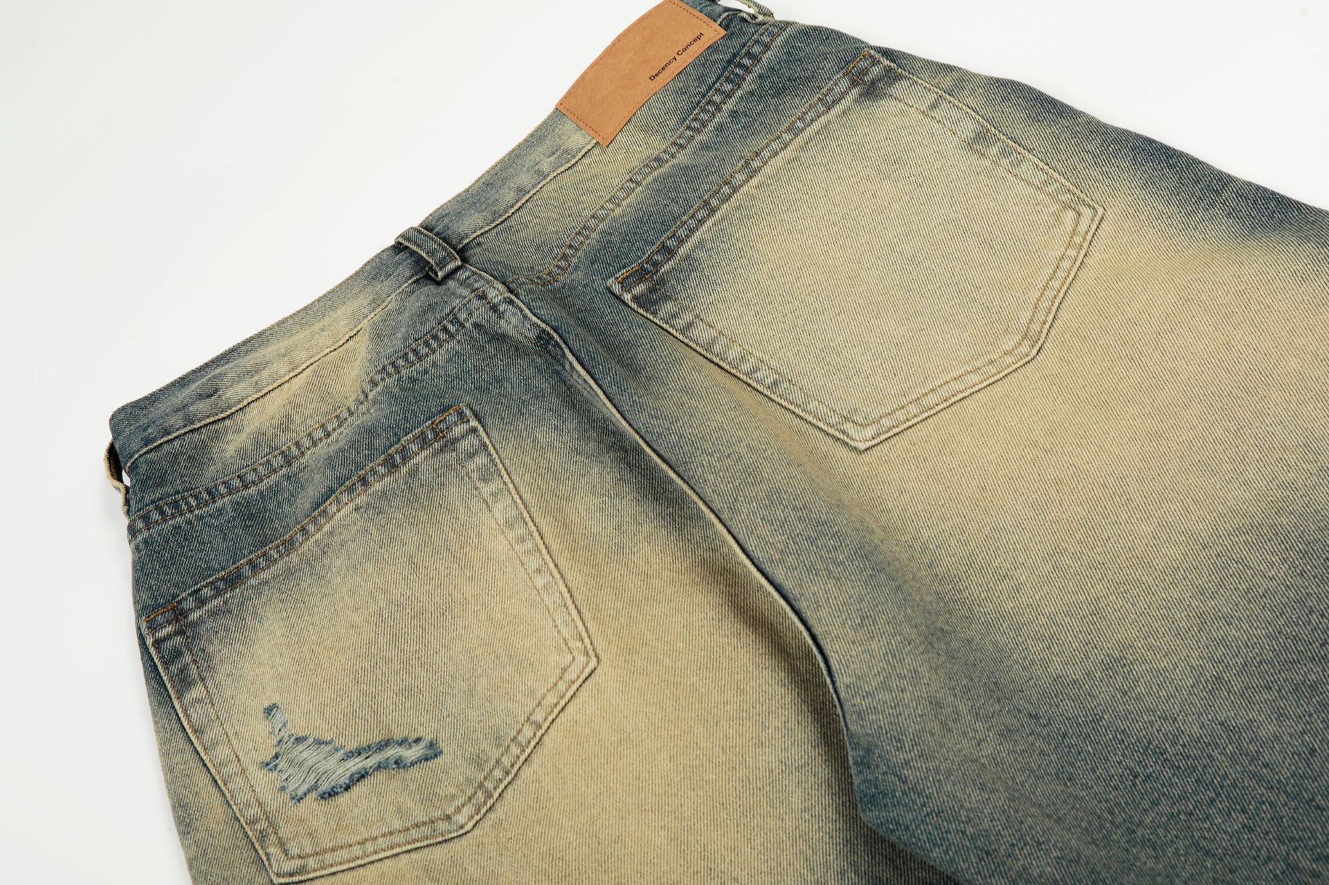 Style Trendy Unisex Street Retro Vintage Blue Cat Whisker Pattern Distressed Design Loose Fit Men's Jeans
