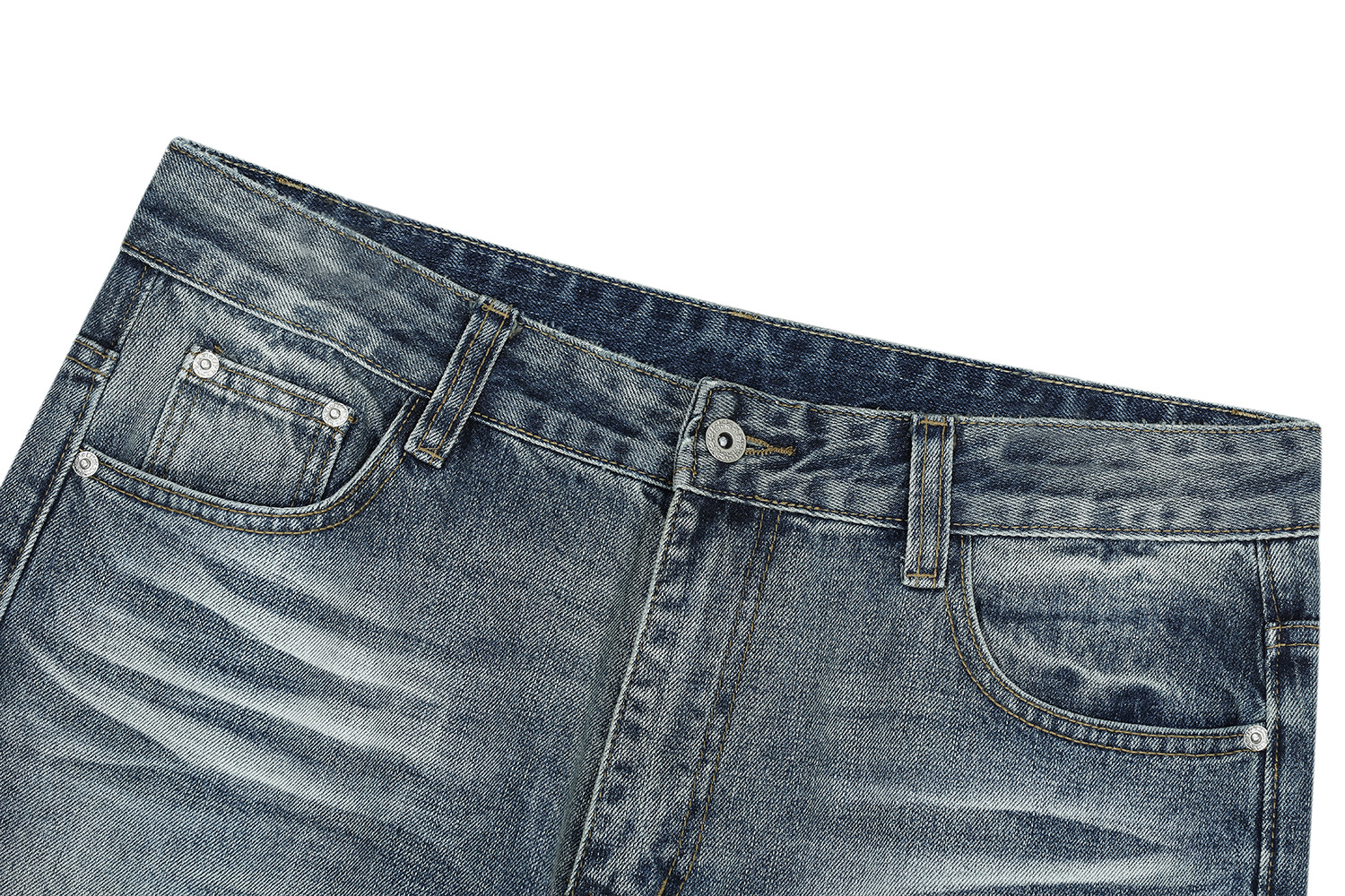 Vintage Street Style Unisex Relaxed Fit Cat-Whisker Pattern Washed Blue Flared Denim Jeans for Men
