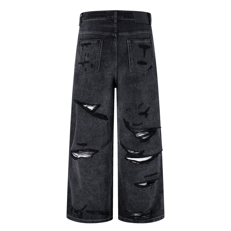 Denim Pants Loose Wide Leg Men High Street Post-Apocalyptic Style Ripped Design Plus Size Trendy Brand Original Dark Hip Hop Straight Leg Pants