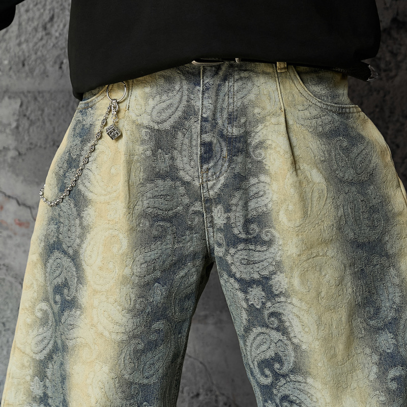 Street Washed Spray Monkey Jacquard Gradient Knife-Edge Denim Pants Men Women High-Quality Fashion Brand Wide-Leg Pants