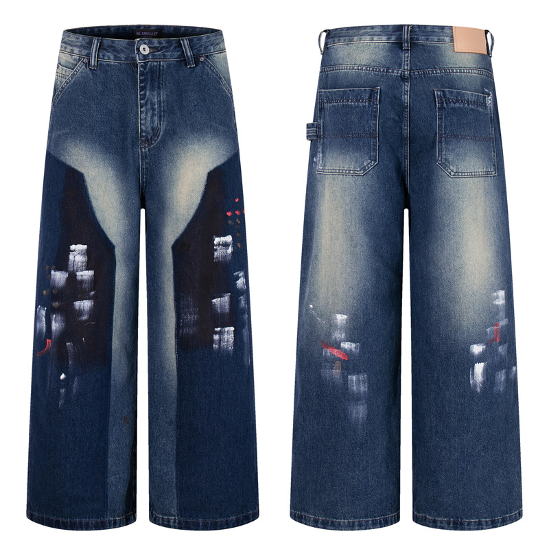 Hip-hop Style Dyed Graffiti Denim Pants for Men and Women, High Street Fashion, Straight Leg, Loose Fit, Casual Long Pants