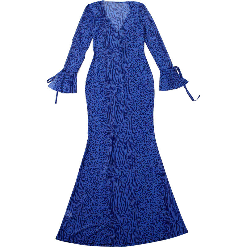 Feline Pattern Fitted Plunging Sheer Extended Sleeve Dress