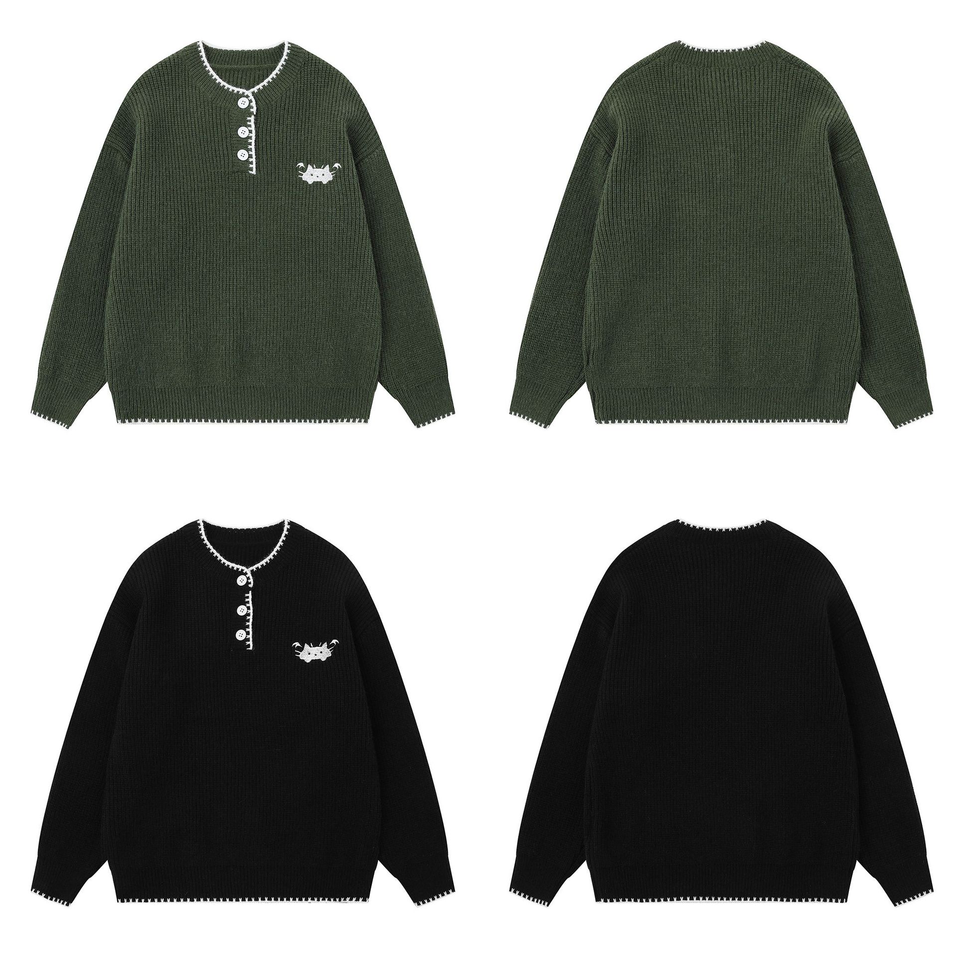 Henley Neck Sweater Unisex Autumn Vintage Chic Loose Versatile Couple Knitwear