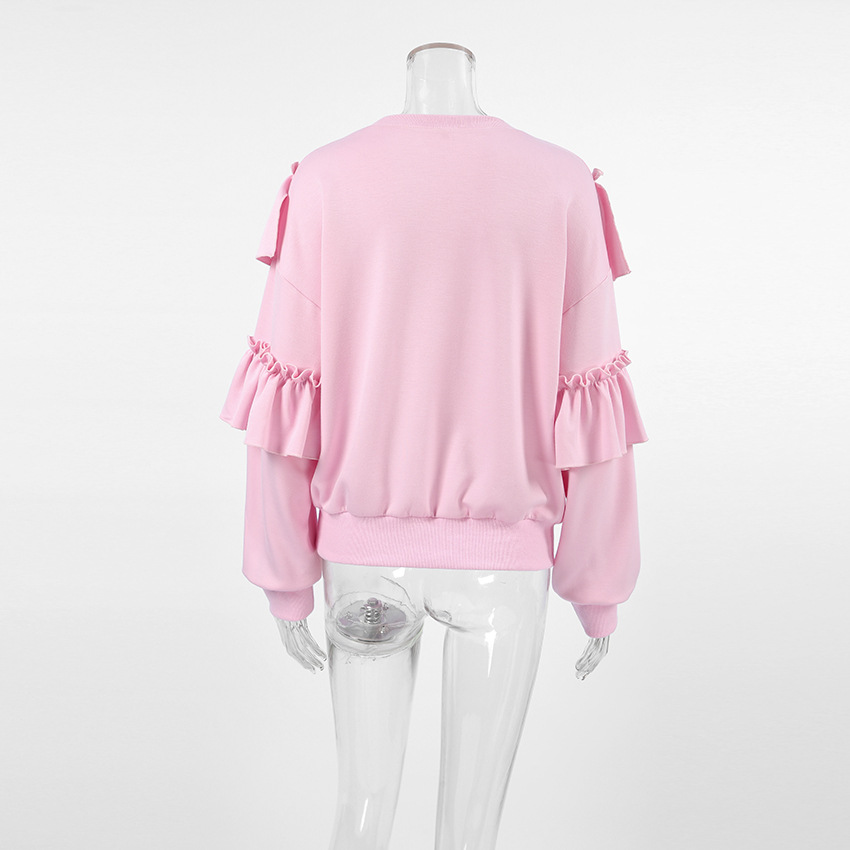 Commuter Relaxed Fit Cotton Crewneck Long-Sleeve Frill-Trimmed Top