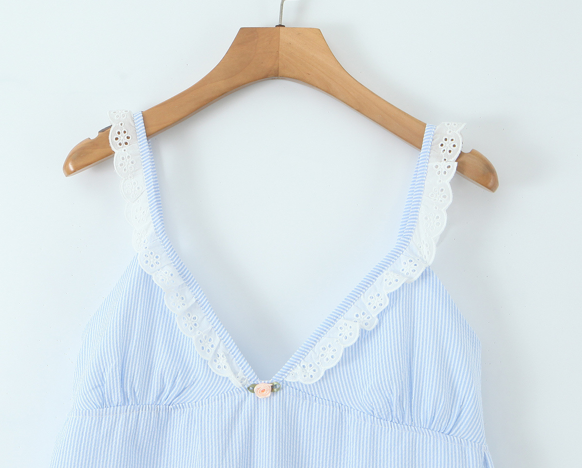 Striped Rose Decorated Lace Trimmed Dress